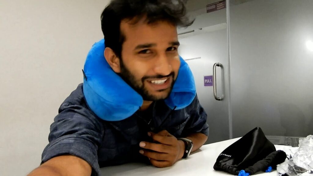Unboxing Wanderlust Travel Essentials U-Shaped Memory Foam Blue Travel Neck Pillow with Carry Bag